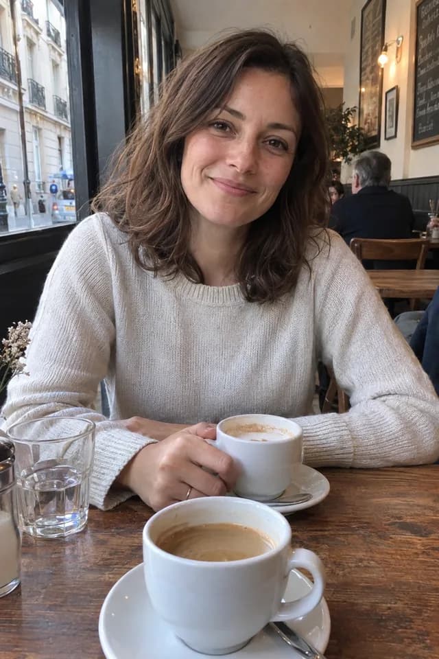 Léa assise en face au café, avec deux tasses sur la table.